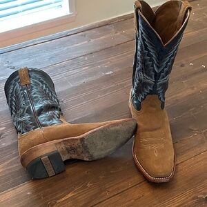 Ariat Tan Suede Cowboy Boots with Blue Stitching